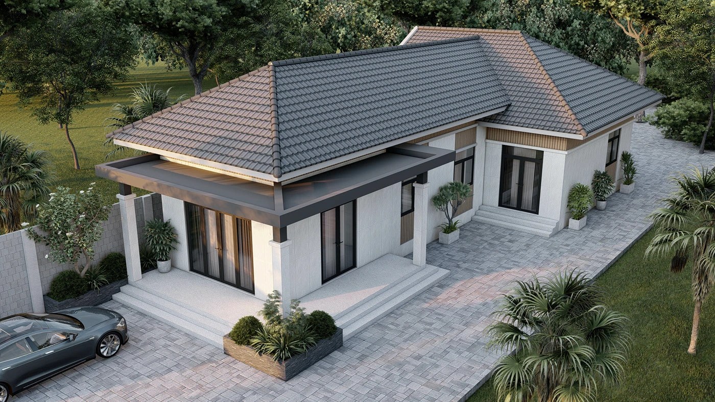 Biệt thự mái thái chữ L khung thép nhẹ