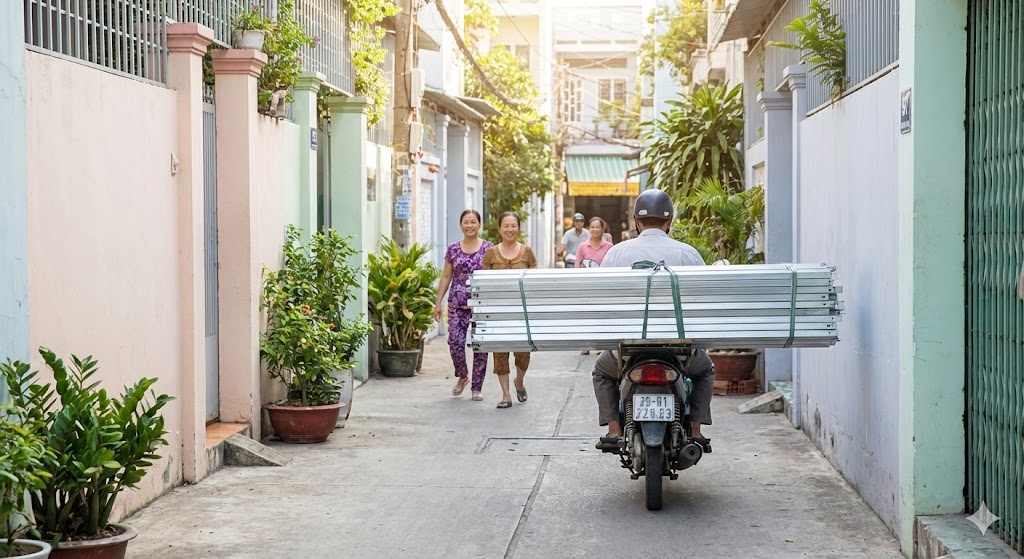 Vận chuyển khung thép nhẹ bằng xe máy vào ngõ nhỏ dễ dàng