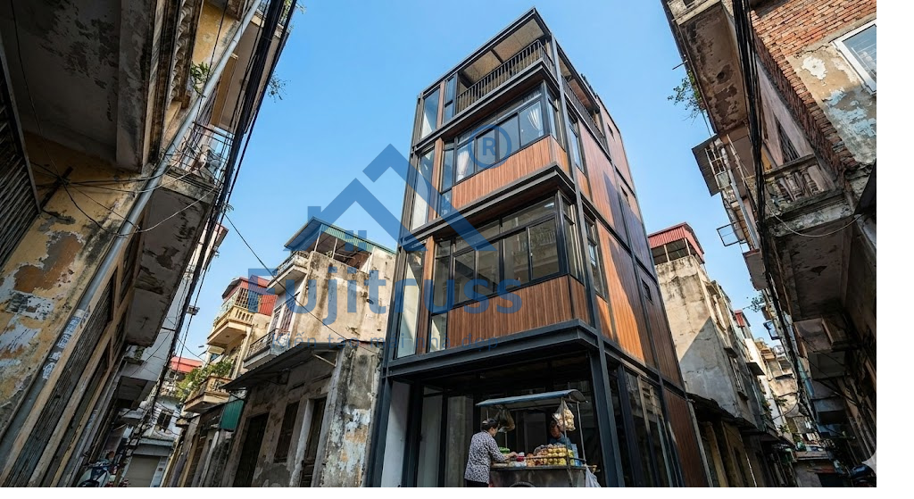 Ngôi nhà khung thép 3 tầng hiện đại mọc lên giữa con ngõ nhỏ hẹp