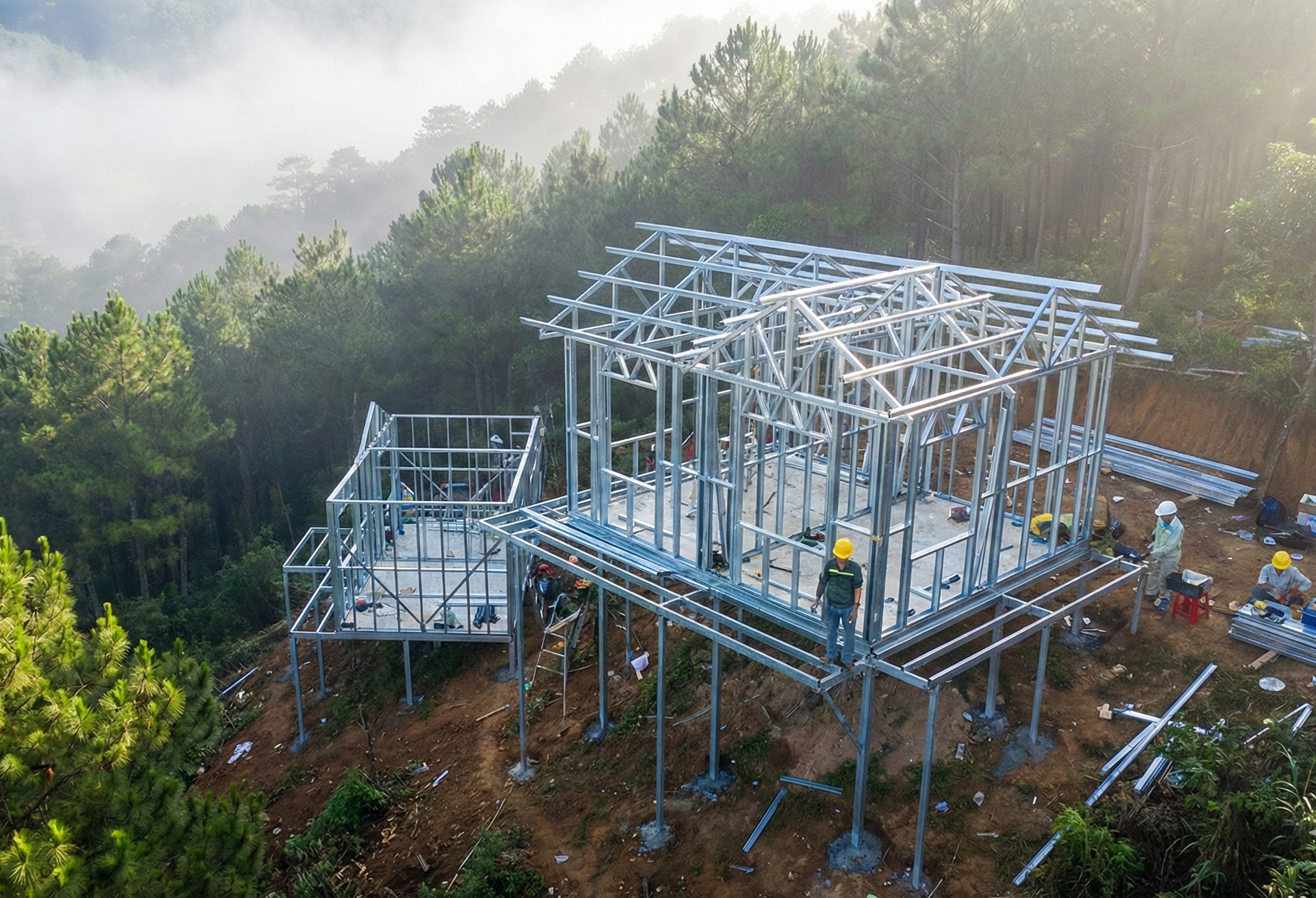 So sánh khó khăn khi vận chuyển bê tông và sự dễ dàng của thép nhẹ lên đồi