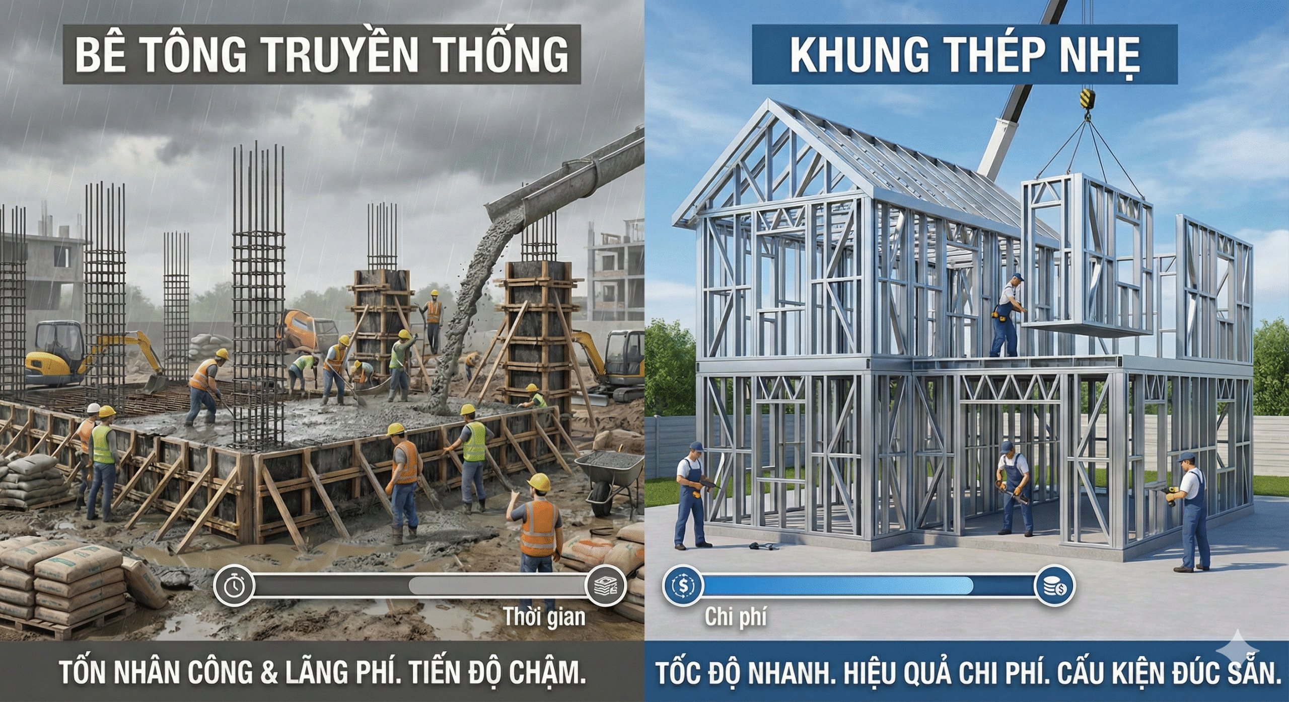 Biểu đồ so sánh chi phí xây dựng nhà bê tông và nhà khung thép nhẹ