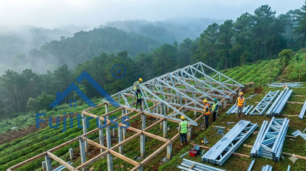 Hình ảnh quá trình lắp dựng khung thép homestay trên sườn đồi dốc