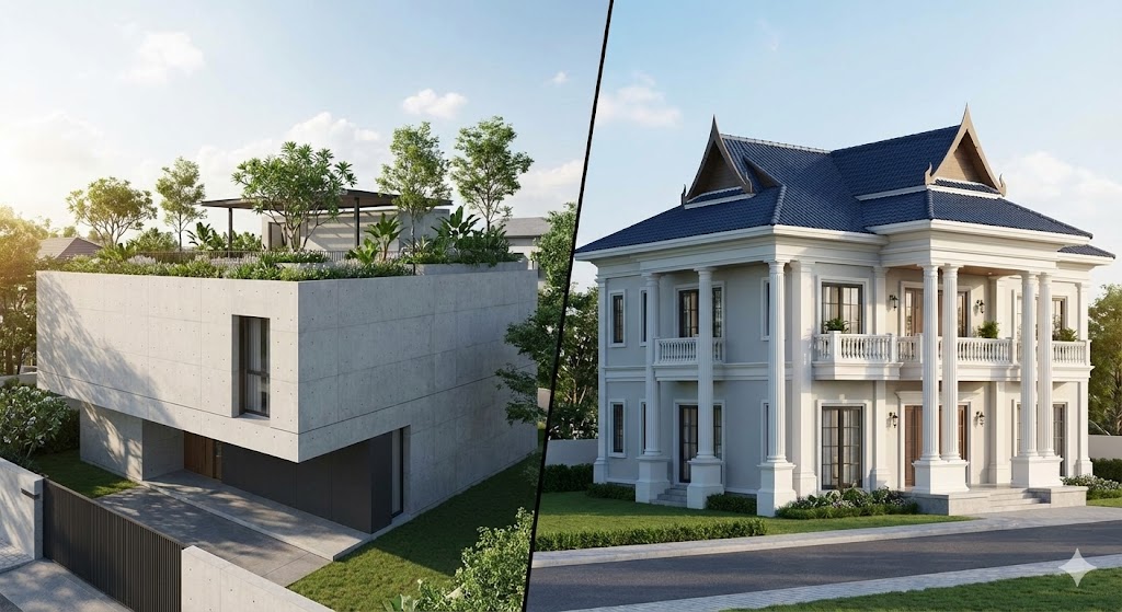 So sánh mặt tiền nhà mái bằng và nhà mái thái khung thép
