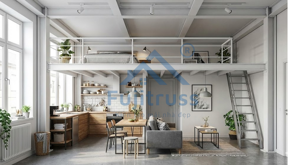 Mẫu thiết kế nội thất phòng trọ gác lửng khung thép đẹp hiện đại